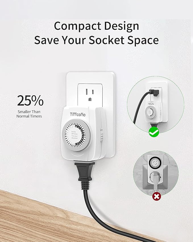 TiFFCOFiO Indoor Mechanical Outlet Timer, 3 Prong Timers for Electrical Outlets, 24-Hour Programmable Plug in Light Timer, ETL Listed (1 Pack)