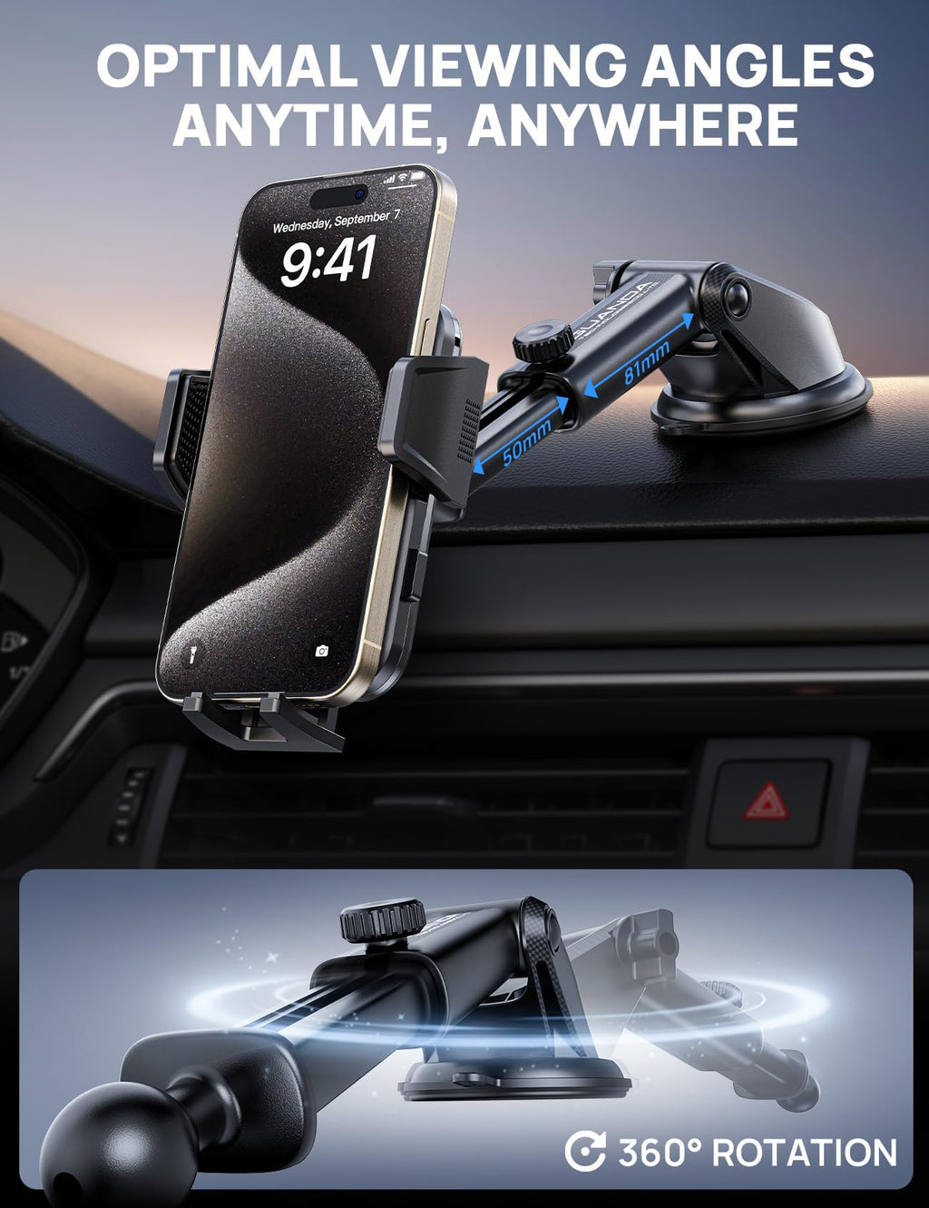2026 Ultimate Car Phone Holder Mount (+Air Vent Clip) [Military Grade Stable], 360° Rotatable Suction Cup Car Phone Mount for Dashboard Windshield,Truck Cradle Stand for iPhone 17 16 Pro Max Samsung