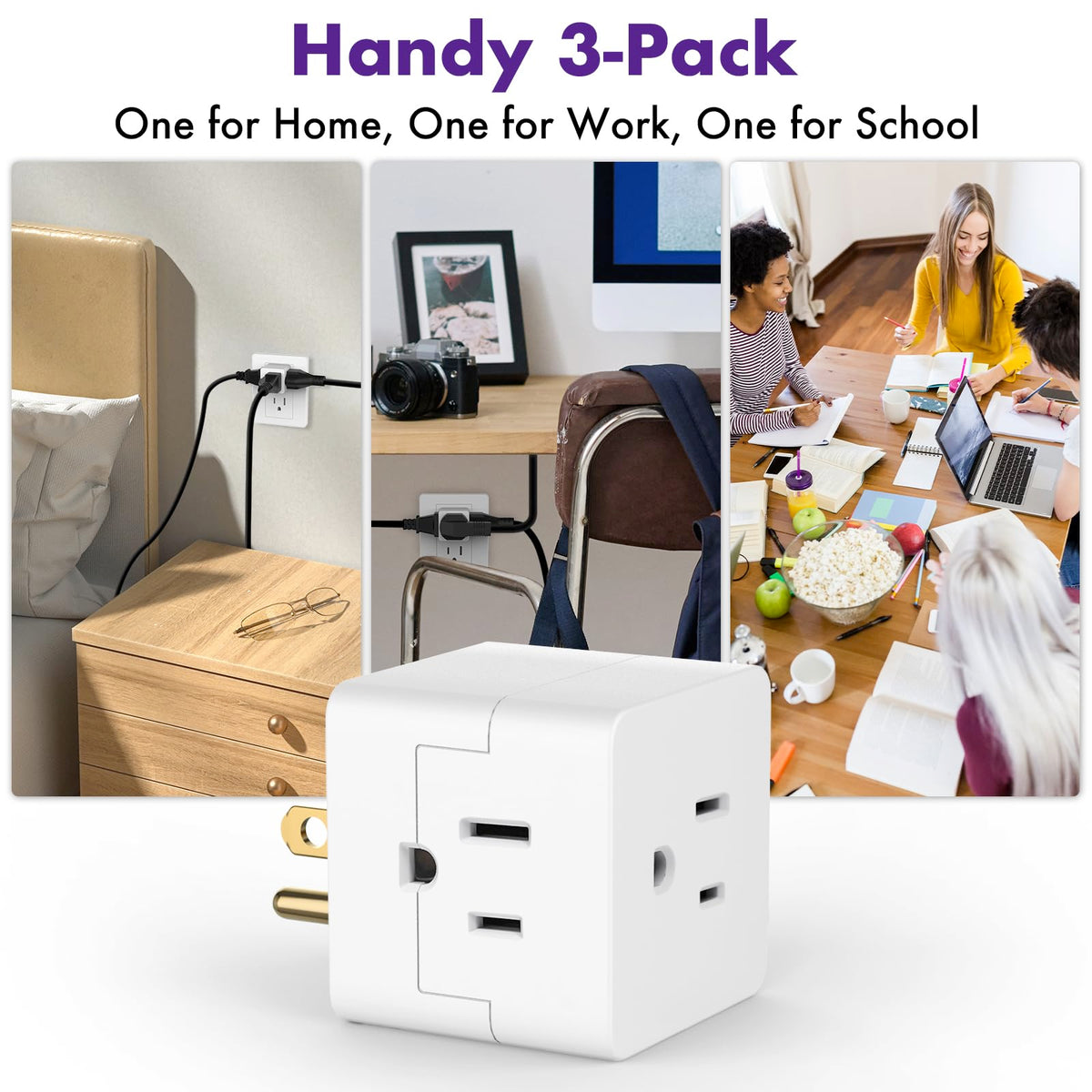 POWERCORDS 3 Outlet Cube Wall Adapter, 3 Pack, Recessed Outlet Extender, Low Profile 3 Prong Plug Splitter, Grounded Wall Tap, 90° Compact Adapter, Cruise & Travel, UL Listed 15A 125V White