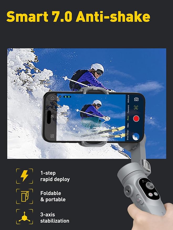 Gimbal Stabilizer for Smartphone with Face/Object Tracking for iPhone 15 14 Pro Max Android,3-Axis Foldable Phone Gimbal w/Built-in Light,1/4 Threads for TikTok YouTube Vlogging(Smart X Grey)