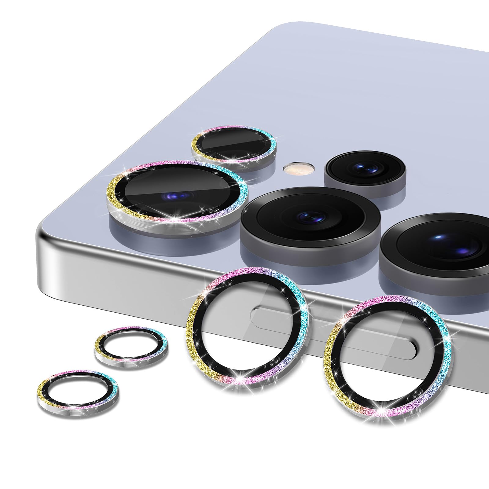 Avocase for Samsung Galaxy S25 Ultra Camera Lens Protector, Individual Metal Ring Tempered Glass Lens Cover, [Strong Adsorption] Scratch Resistant Ultra-Thin HD Clear Lens Cover,1 Set-Colorful Sparkly