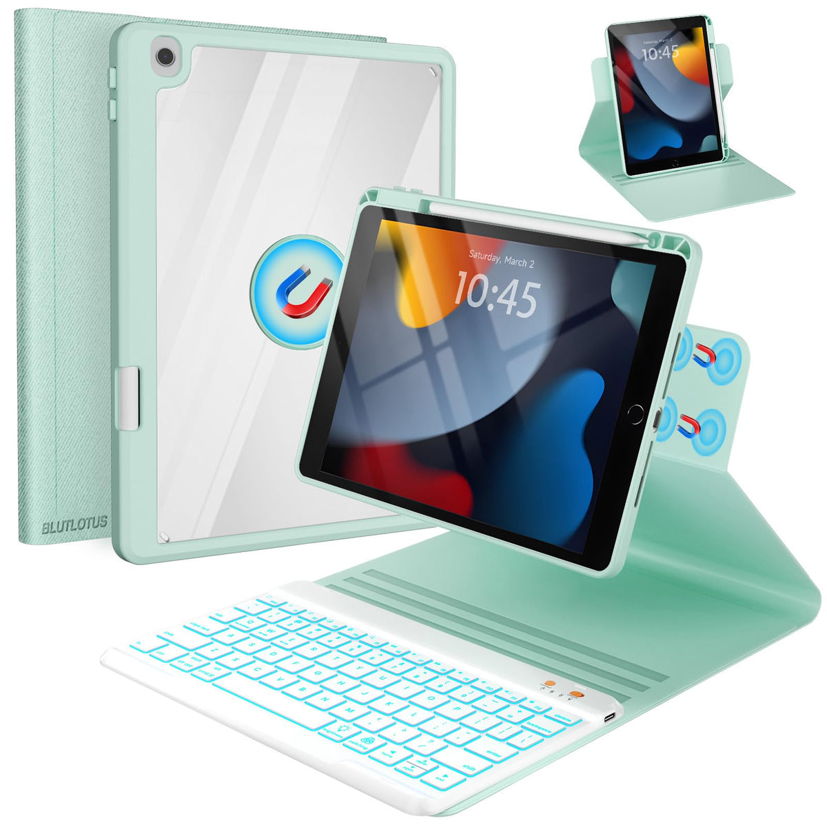 iPad 7th/8th/9th Generation Case with Keyboard 10.2-inch 2019/2020/2021, iPad Air 3rd/Pro 10.5-inch 2017 Compatible, 7 Color Backlit Keyboard BT/Wireless/Detachable with Pencil Holder (Mint Green)