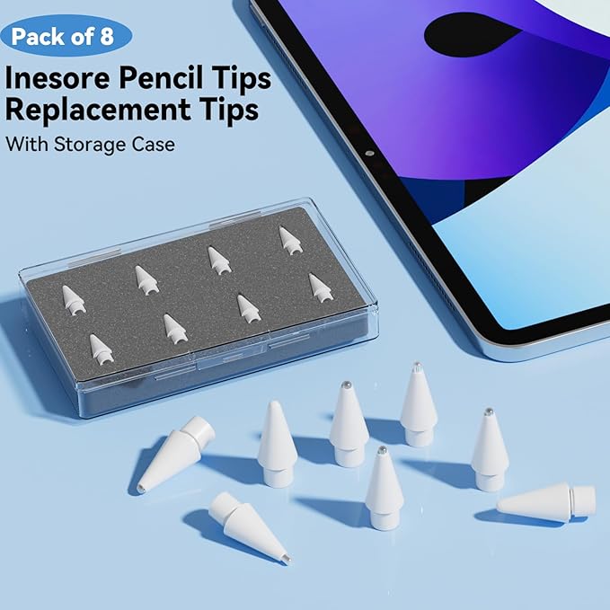 Inesore 8 Pack for Apple Pencil Tips Replacement Accessories,Compatible with Apple Pencil Pro/2nd Generation/1st Generation/USB C,iPencil Nib for iPad Pro/Air/Mini,for Drawing Writing(White Metal Nib)