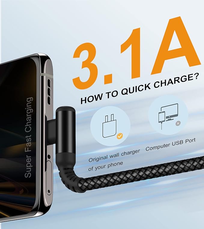 sweguard USB C Cable Right Angle [3Pack, 10FT+6.6FT+3.3FT], USB Type C iPhone 16 Charger Cable Nylon Braided Cord for iPhone 15 16 Pro Max Plus, Samsung Galaxy S25 S24 S23 S22 S21 S10 Note 20 10,Moto