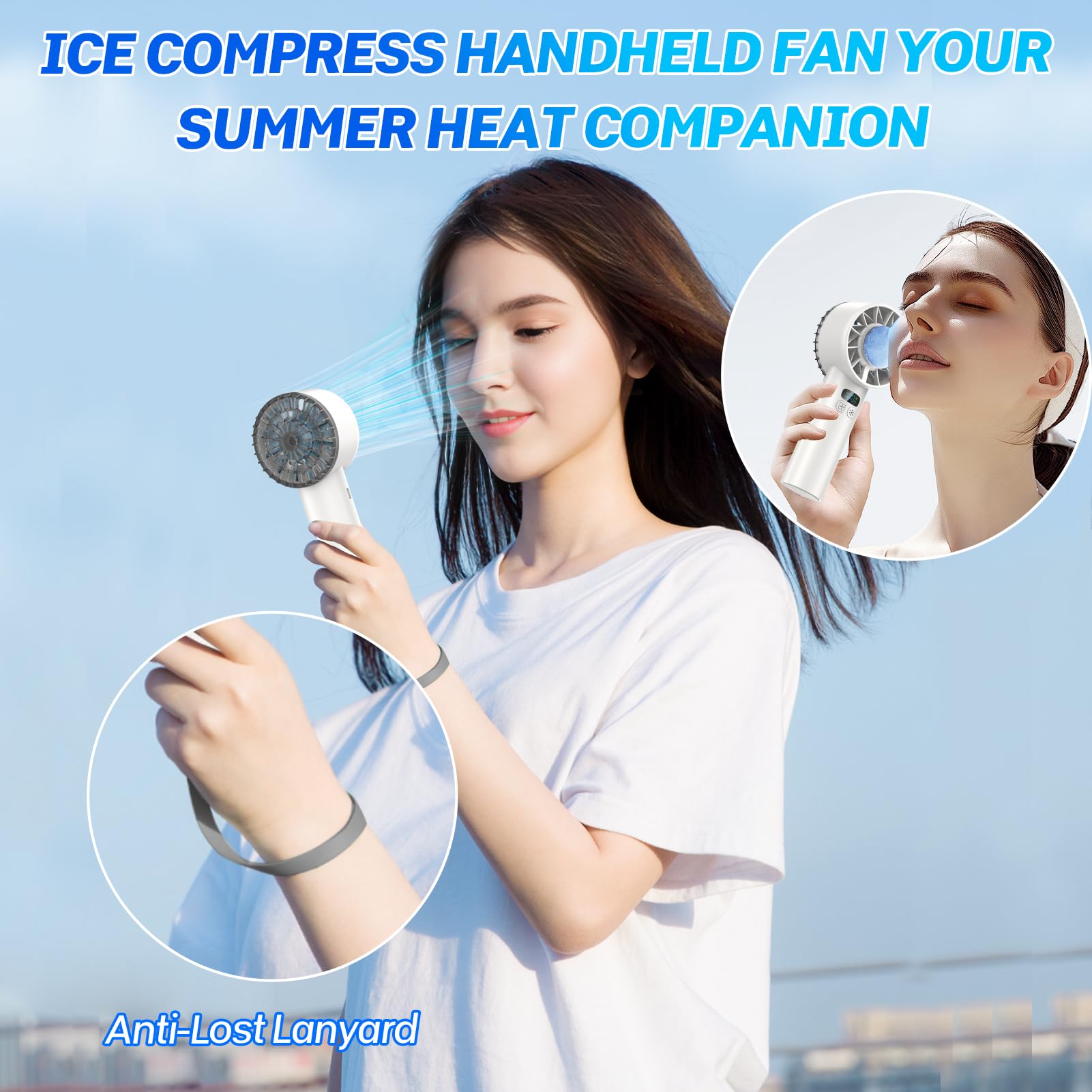 2025 Portable Handheld Ice Fan, Turbo Cooling Fans, 5200mAh, 100 Gear Hurricane Wind, ANC Silent Motor, Digital Display, USB C Rechargeable, Mini Icy Personal Electric Fan for Outdoor & Indoor (White)
