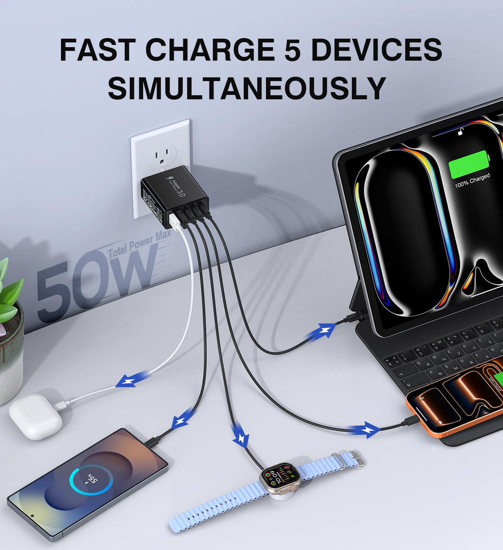 [2-Pack] USB C Wall Charger, 60W Type C Charger Block 5-Port Fast Charging Blocks,3USB C+2USB A Multiport Plug,PD Power Adapter Brick Cube for iPhone 17/16/15/14/13/Pro,iPad,Samsung,for Switch（Black）