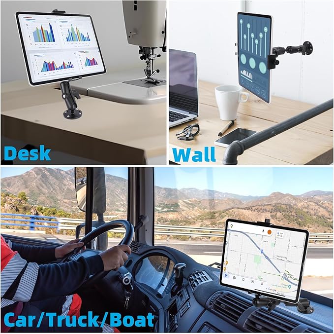 All-Aluminum Heavy Duty Drill Base Tablet Holder Mount for 4.7"-15" iPad Pro,Mini,Samsung Galaxy Tab, Surface, 360°Adjustable 2-Stage Arm Car Stand for Truck Dashboard Wall Desk Commercial Vehicle