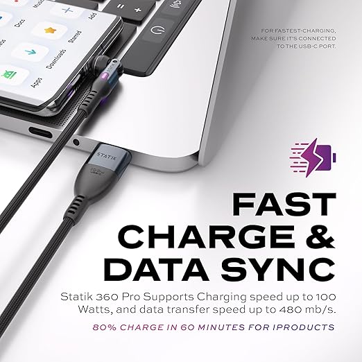 Statik 360 Pro Magnetic Charging Cable - Type C Charger Fast Charging 3 in 1 USB C to USB C Cable, Micro USB & iProduct Tips, USB A Adapter, Fits All Devices - 100W Fast Charger, Black 10FT, 3 Pack