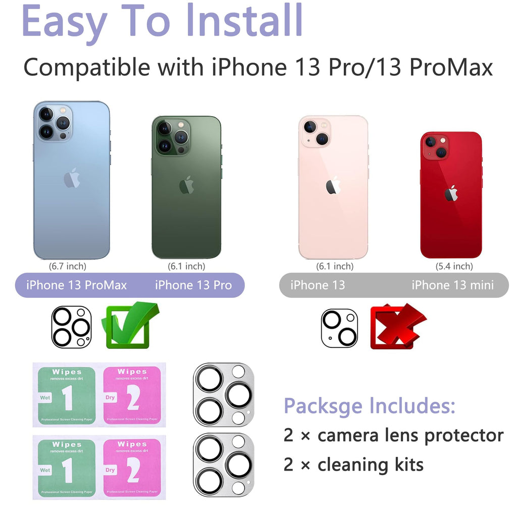 SHANG PIN JIA 2 Pack Camera Lens Protector for iPhone 13 Pro/13 Pro Max,[Not Easy to Breakn ] AR Tempered Glass Strong Adsorption Metal Camera Cover Screen-Silvery