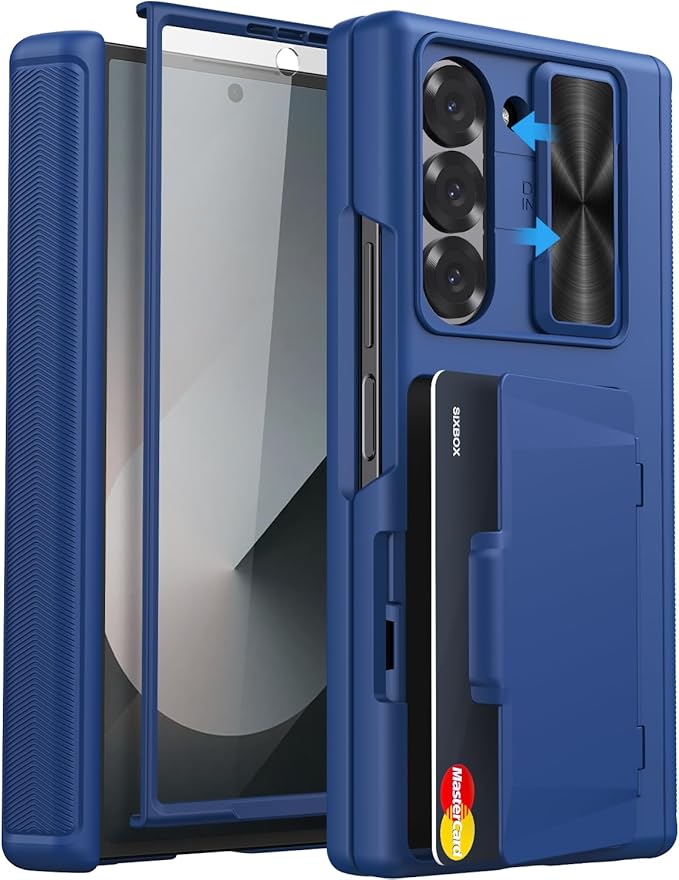 for Samsung Galaxy Z Fold 6 Case with Card Holder & Hinge Protection, Built-in Screen Protector & Camera Cover, Sturdy Durable Protective Multifunctional Wallet Phone Case for Z Fold 6 5G, Blue