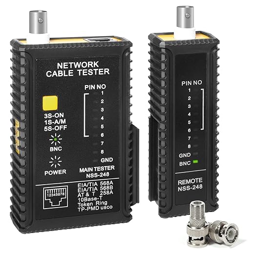 Dual-Function Coaxial & RJ45 Network Cable Tester with 2-Pack BNC Male to F Female Adapters, CAT5/CAT6/Coax Continuity Checker (Battery Not Included)