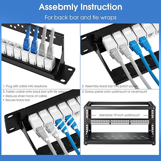 24 Port Keystone Patch Panel, 1U 19-inch RJ45 Network Patch Panel with Back Bar, Loaded with 24 Cat6 Couplers (White)
