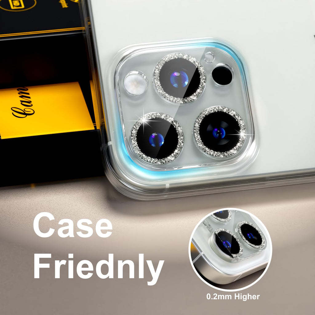 beuxece for 6 Pack iPhone 15 Pro/iPhone 15 Pro Max Camera Lens Protector [Drop Protection] [Case Friendly] [Easy Installation] 9H Tempered Glass Camera Screen Protector Cover, Glitter Silver