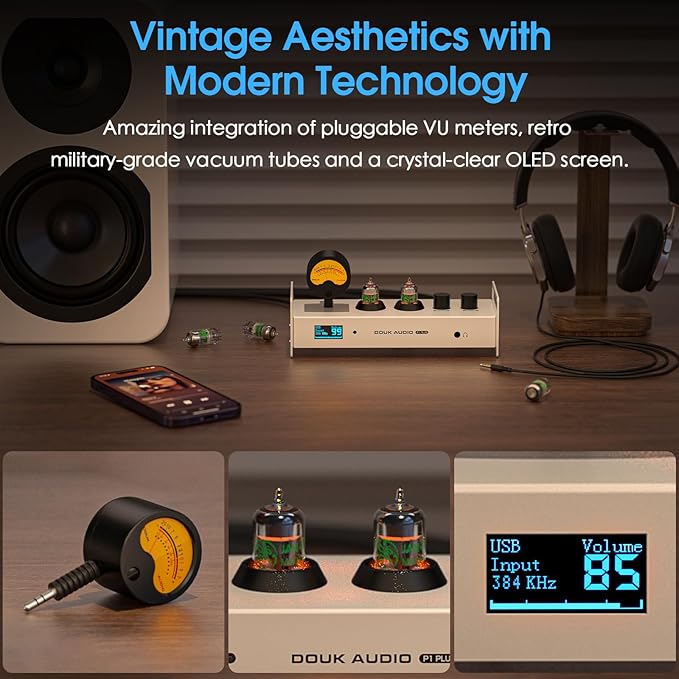 Douk Audio Tube Preamp DAC: Bluetooth 5.1 LDAC Headphone Amp w/VU Meter USB Coax Optical Input for Amplifiers, Home HiFi Systems (P1 Plus)