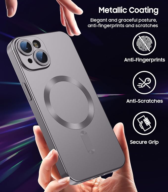 Magnetic for iPhone 14 Plus Case [Compatible with MagSafe][Built-in Camera Lens Protector] Slim Soft Silicone Bumper Shockproof Metallic Luster Phone Case (Gray)