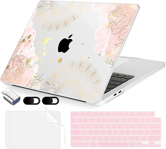 Compatible with MacBook Air 15 inch Case, M4 A3241/M3 A3114/M2 A2941 (Released 2025 to 2023), Hard Shell, Keyboard Cover, Screen Protector, Webcam Cover & Type-C Adapter, Vector Flower2