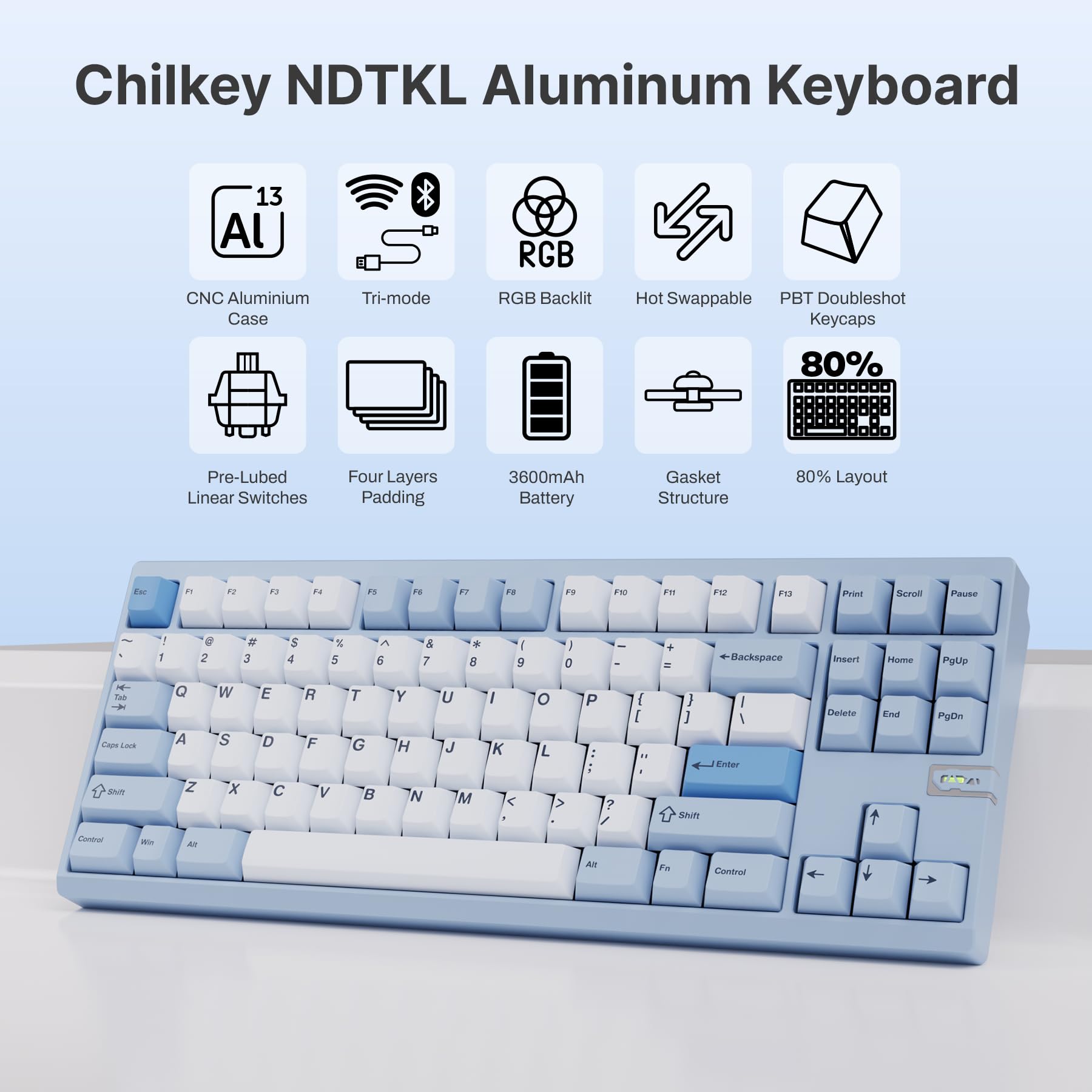 OOCTPK Chilkey ND TKL Aluminum Mechanical Keyboard, 87 Keys Tenkeyless Wireless Gaming Keyboard, Tri-Mode BT5.3/2.4GHz/USB-C PBT Keycaps Hot Swappable Custom Key Board for Windows Laptop Office PC