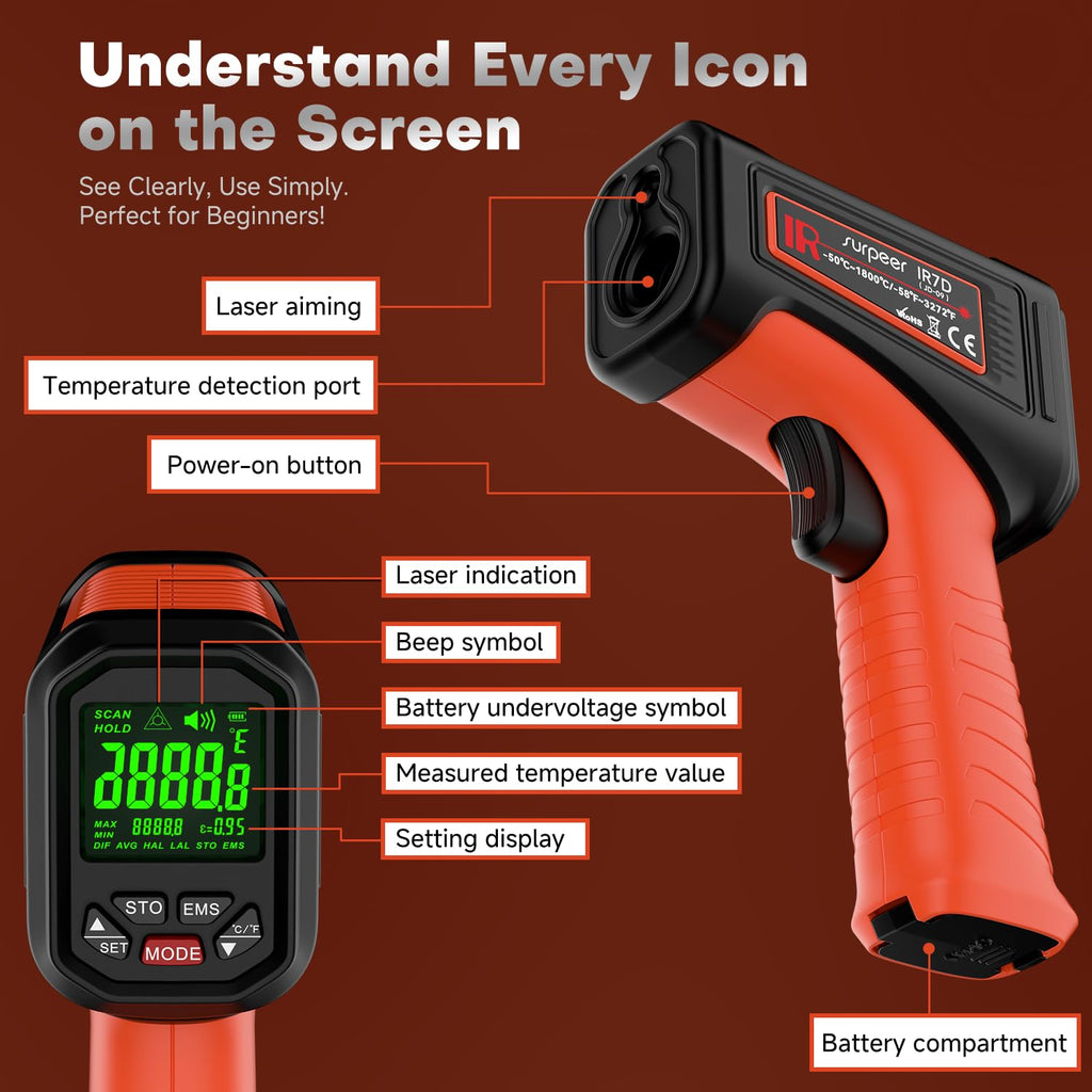 Surpeer -58℉~3272℉ Infrared Thermometer IR Gun, High-Temp Digital Temperature Gun, 50:1 Non-Contact Pyrometer for Kiln, Forge, Furnace, Engine, HVAC & Industrial Applications