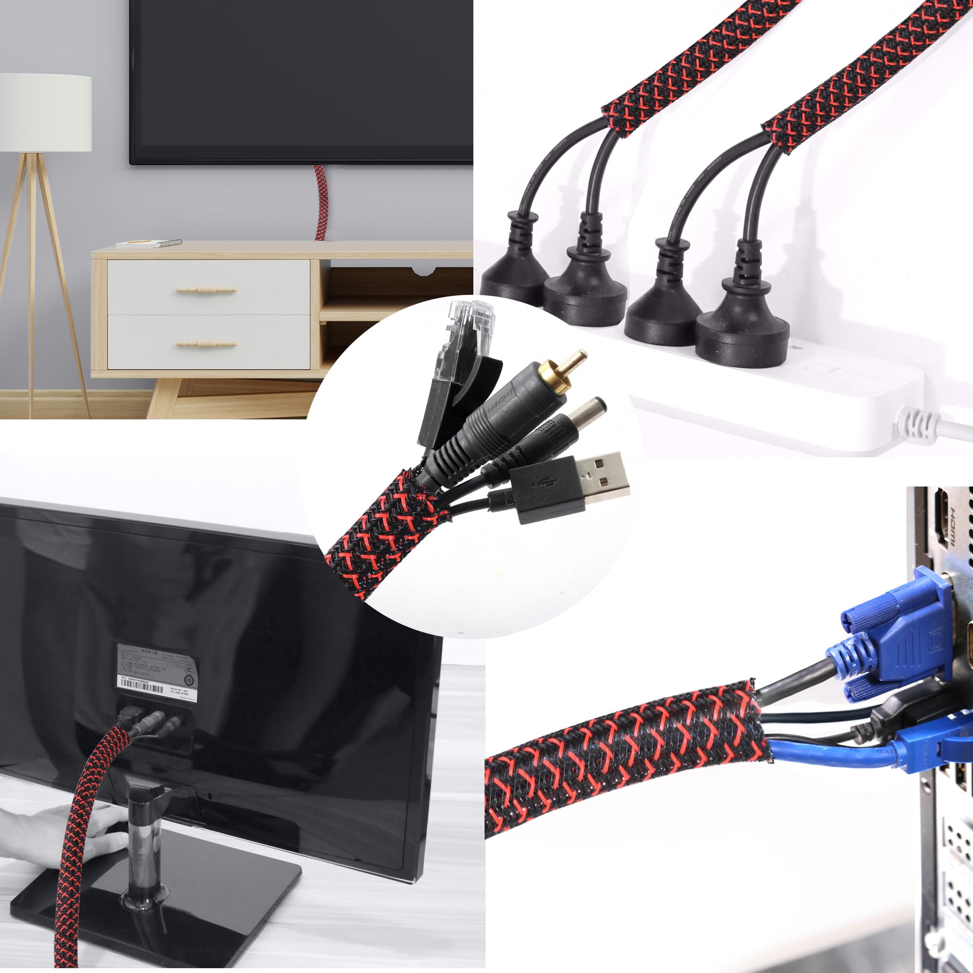 CrocSee Cable Management Sleeve, Split Design, 10FT - 1/2 Inch, Black/Red
