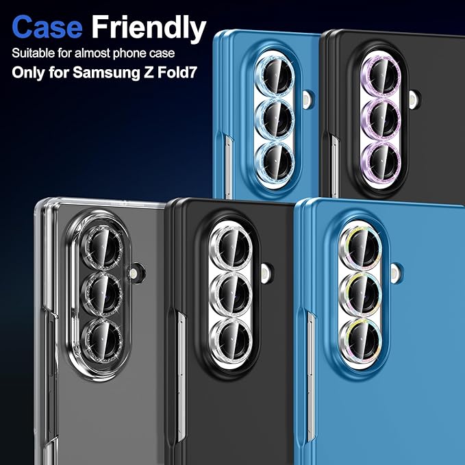 for Samsung Galaxy Z Fold 7 Camera Lens Protector, Individual Metal Ring Tempered Glass Lens Cover, [Strong Adsorption] Scratch Resistant Ultra-Thin HD Clear Lens Cover, 1 Set-Silvery Sparkly