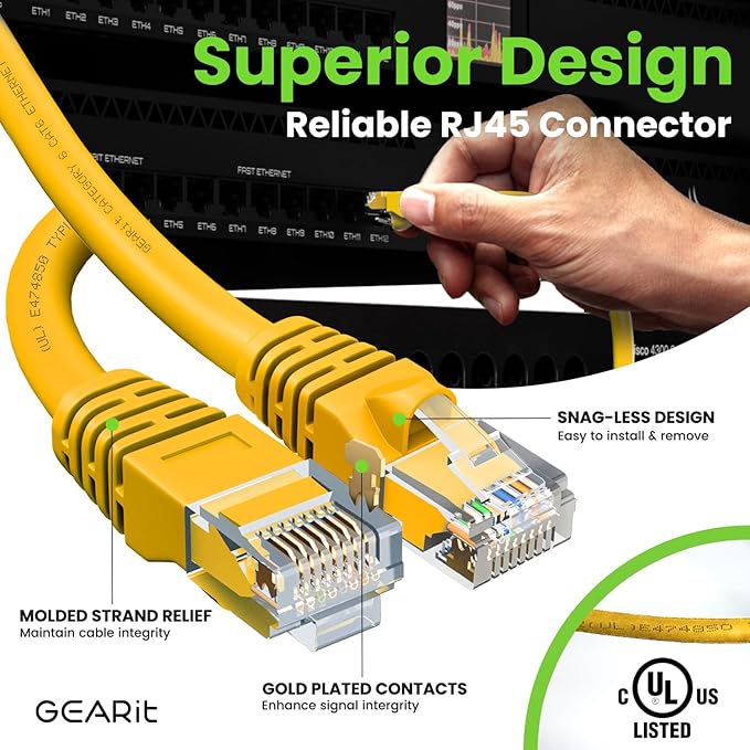 GEARit Cat 6 Ethernet Cable (1-Pack 14 Feet) Cat6 Network Patch, 10Gbps, RJ45, Snagless Cord, Gold-Plated Connectors, Internet for PC, TV, Tablet, Router, Printer, Servers, IT Data Center - Yellow