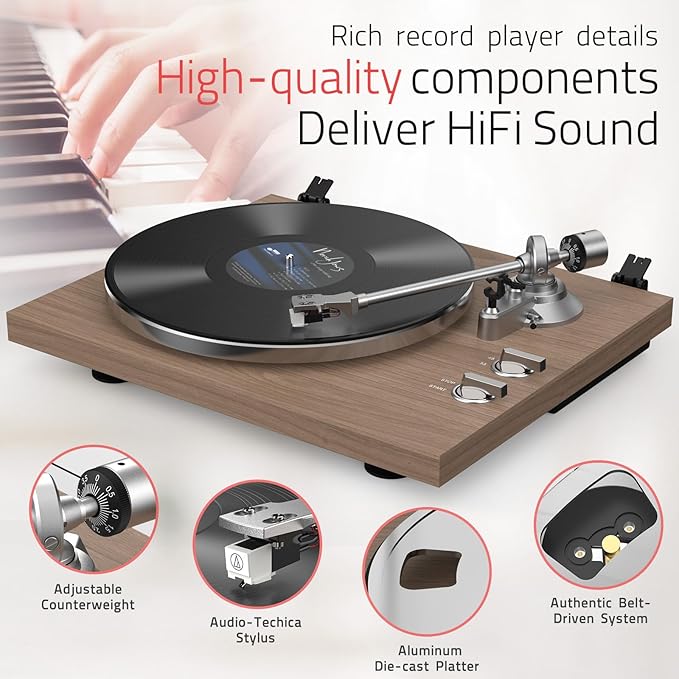 Turntables Record Player with Wireless Output Connectivity Vinyl Player Belt-Drive Support 33 45 RPM Speed Phono Line USB Digital to PC Recording with Advanced MM Cartridge ATN3600L Light Brown