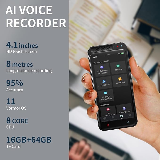 AI Voice Recorder with Playback, Digital Voice Recorder with AI Transcription, Summary, Translation, Full Touch Screen Recorder with 80GB, Audio Recorder Device for Meetings, Lectures, Interviews