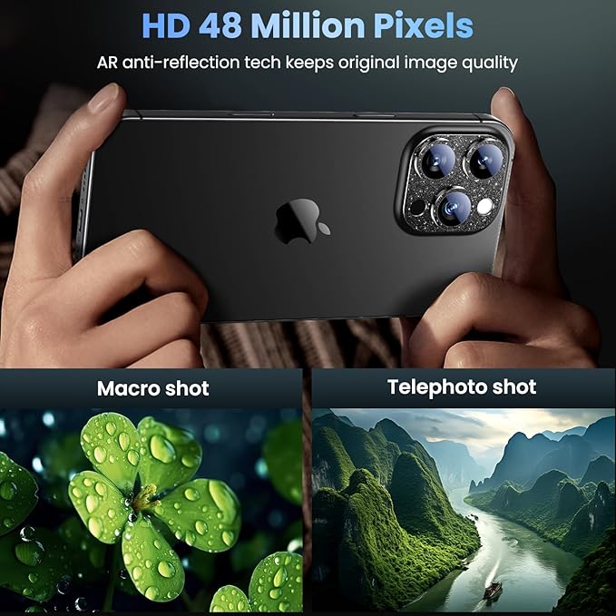 Uyiton Compatible with iPhone 16 Pro/iPhone 16 Pro Max Camera Lens Protector - [Not Easy to Break][Strong Adsorption][Case-Friendly] Metal Tempered Glass Rear Camera Screen Cover - Glitter Black