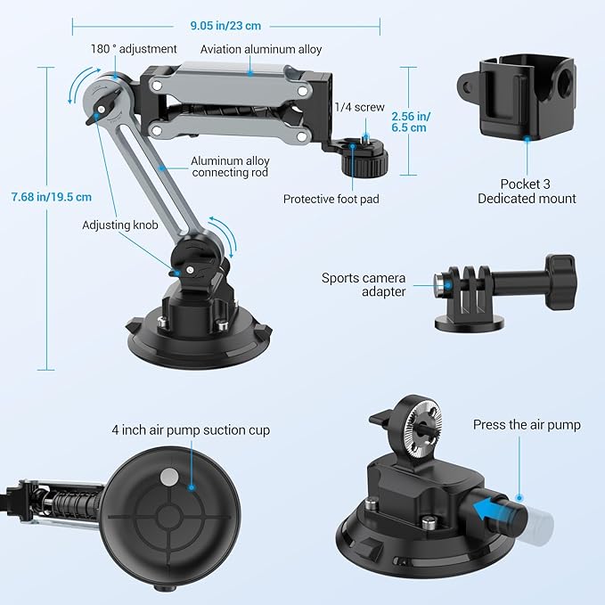 Geyo Camera Suction Cup Mount, Aluminum Alloy Multi-Function Shock Absorber Arm Stabilizer, 4" Vacuum Suction Cup, 1/4" Mounting Holes Car Mount for Insta 360 X4, for DJI Pocket 3, for GoPro, Silver