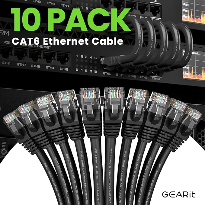 GearIT Cat 6 Ethernet Cable (10-Pack 4 Feet) Cat6 Network Patch, 10Gbps, RJ45, Snagless Cord, Gold-Plated Connectors, Internet for PC, TV, Tablet, Router, Printer, Servers, IT Data Center - Black