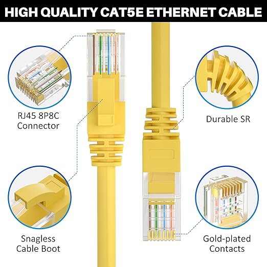 Cat5e Ethernet Cable 200 FT, Long Cat 5e Internet Cable, Yellow Snagless Patch Cord, Flexible, Network, LAN, PoE, Standard RJ45 Connector for PC, Server, Router, Modem, TV, PS5 - with 15 Cable Ties