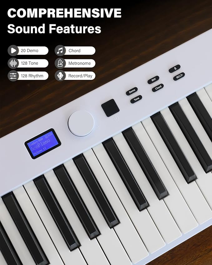 AiJoy 88 Key Beginner Piano Keyboard with Semi-Weighted Keys, 128 Tones, Speakers, USB MIDI, Carry-Bag, Sustain Pedal and Stand, White
