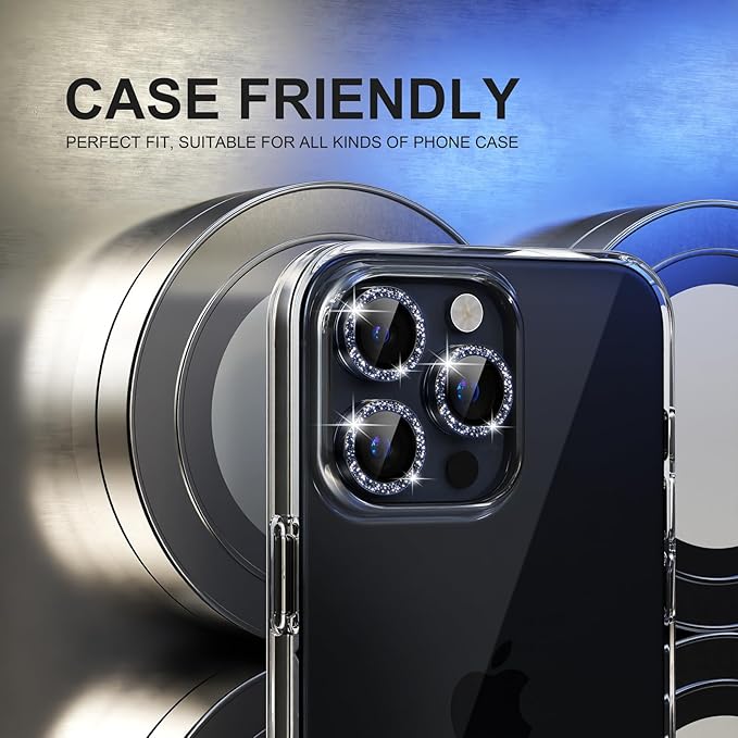 Choiche Compatible for iPhone 15 Pro/iPhone 15 Pro Max Camera Lens Protector Bling, 9H Tempered Glass Camera Cover Screen Protector Metal Ring Decoration Accessories (Glitter-Blue)