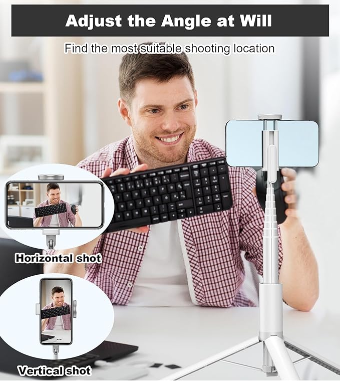 TONEOF 67" Travel Tripod,Selfie Stick,All-in-1 Phone Stand with Integrated Wireless Remote,Lightweight and Portable,Extendable for iPhone and Android(White)