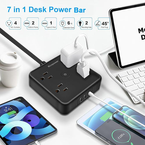 2 Pack Ultra Flat Plug Power Strip,Power Strips with 4 Widely Outlets,6 ft Flat Plug Extension Cord with 3 USB Ports(1 USB C Port),Slim Desk Charging Station,Black