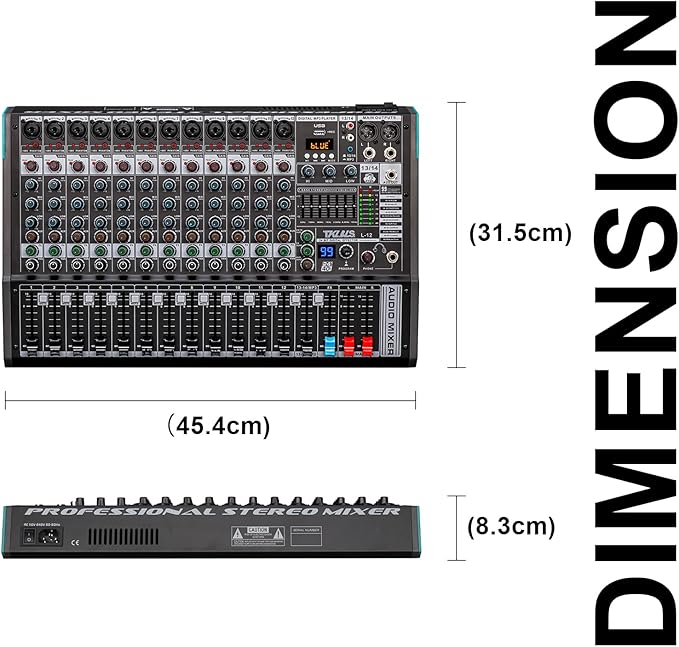 DJ Mixer, TKLBLS Professional 12 Channel Audio Mixer Board with 99-Bit DSP, Sound Board Mixing Console 7-Band EQ Output, USB Audio Interface, Bluetooth 48V Phantom Power For Karaoke Studio Streaming