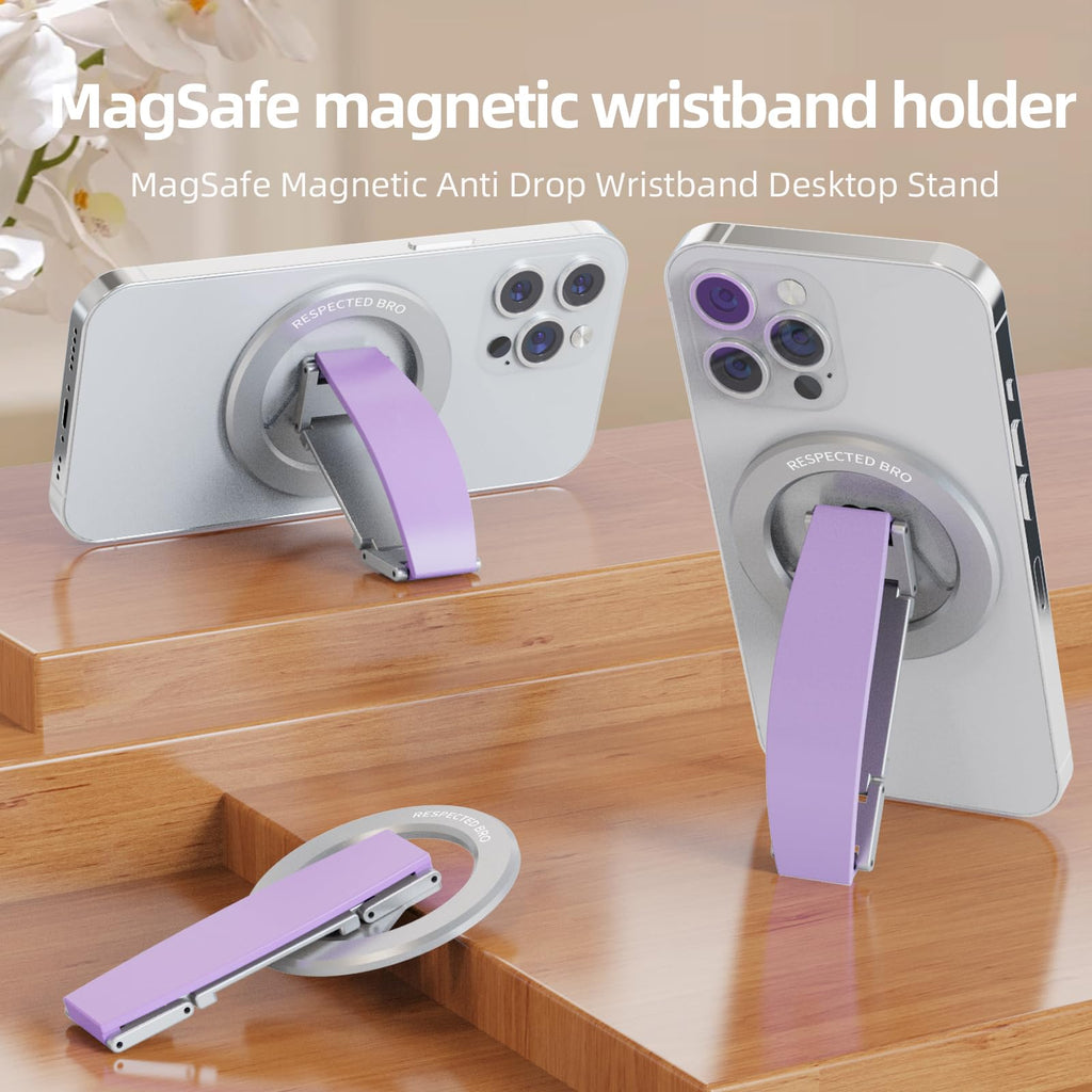 RESPECTED-BRO-Magnetic-Phone-Grip-Stand, Magnetic Phone Ring Holder Kickstand with Silicone Finger Strap, Compatibility for iPhone 17/16/15/14/13/12, Android, and More (Purple)