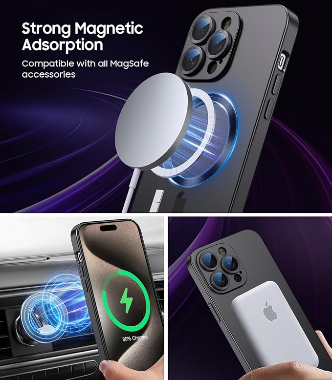 Magnetic for iPhone 15 Pro Max Case [Compatible with MagSafe][Built-in Camera Lens Protector] Slim Soft Silicone Bumper Shockproof Metallic Luster Phone Case (Black)