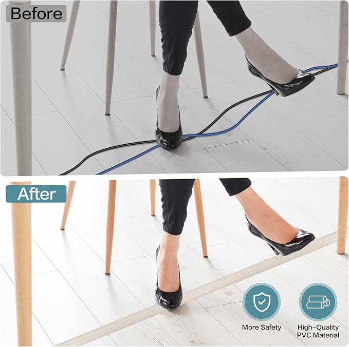 Floor Cord Cover Self Adhesive Cord Hider Floor Extension Cord Covers for Floor Power Cord Protector Cable Management Prevent Cable Trips Cable Cavity 0.47" W x 0.27" H (Beige Wood, 3.3Ft)