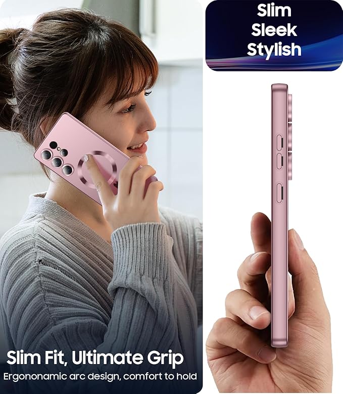 Magnetic for Samsung Galaxy S25 Ultra Case [Compatible with MagSafe][Built-in Camera Lens Protector] Slim Soft Silicone Bumper Shockproof Metallic Luster Phone Shell (Rose Gold)