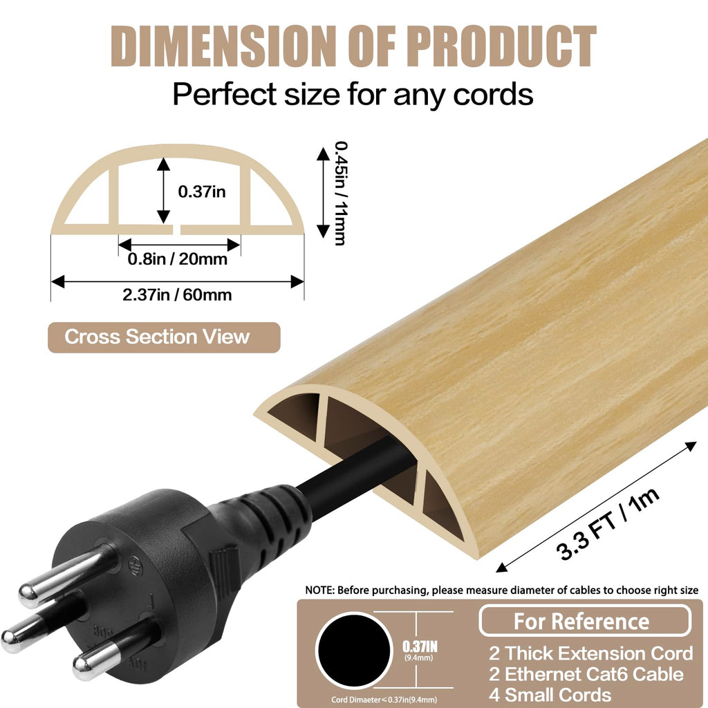 Floor Cord Cover Cavity 0.8"x0.37" Self Adhesive Cord Hider, 3.3FT Low Profile Cable Management, Extension Strip Protector for Wires, Prevent Cable Trips for Offices, Gyms (Wood Light Yellow)