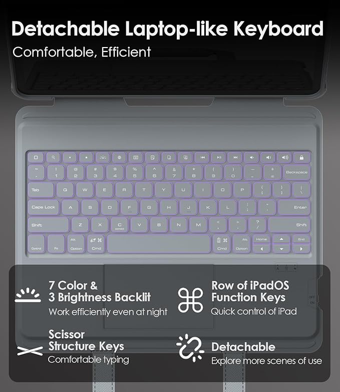 Nillkin Carry Go Keyboard Case for iPad Air 13 inch (M3/M2) with Handle, iPad Pro 12.9 (3rd/4th/5th/6th Gen) Rugged Case with Detachable Keyboard, Magic Trackpad, 7 Colors Backlit, Camera Cover, Gray