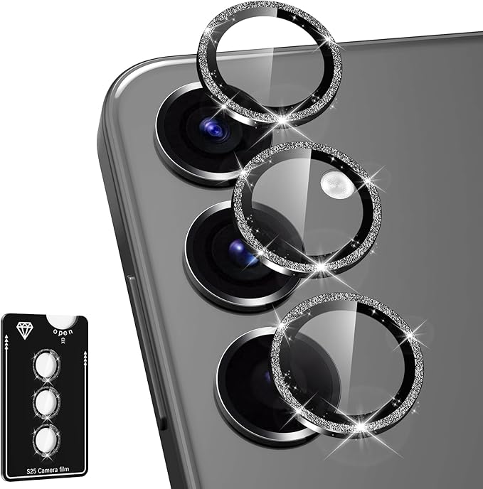 for Samsung Galaxy S25 Camera Lens Protector, Individual Metal Ring Tempered Glass Lens Cover, [Strong Adsorption] Scratch Resistant Ultra-Thin HD Clear Lens Cover, 1 Set-Black Sparkly