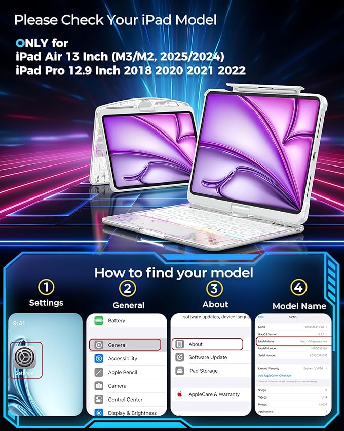 SIEBITU Clear Wireless Keyboard Case for iPad Air 13-inch (M3 2025/M2 2024) & iPad Pro 12.9-inch 6th 5th 4th 3rd Gen with Pencil Holder, Multi-Touch Trackpad & 7-Color Backlit, 360°Rotating, White