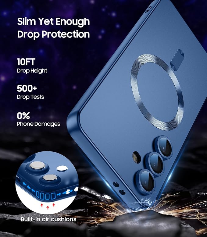 Magnetic for Samsung Galaxy S24 FE Case [Compatible with MagSafe][Built-in Camera Lens Protector] Slim Soft Silicone Bumper Shockproof Metallic Luster Phone Cover (Blue)