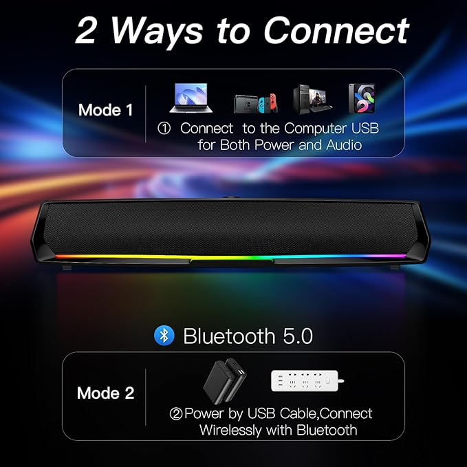 Computer Speakers for Desktop,PC Speakers Gaming Sound bar with Colorful Light,USB Speaker with Bluetooth for PCs Monitor Laptop Tablets,Wired Bluetooth Speaker for Phones(Type-C Adapter Included)