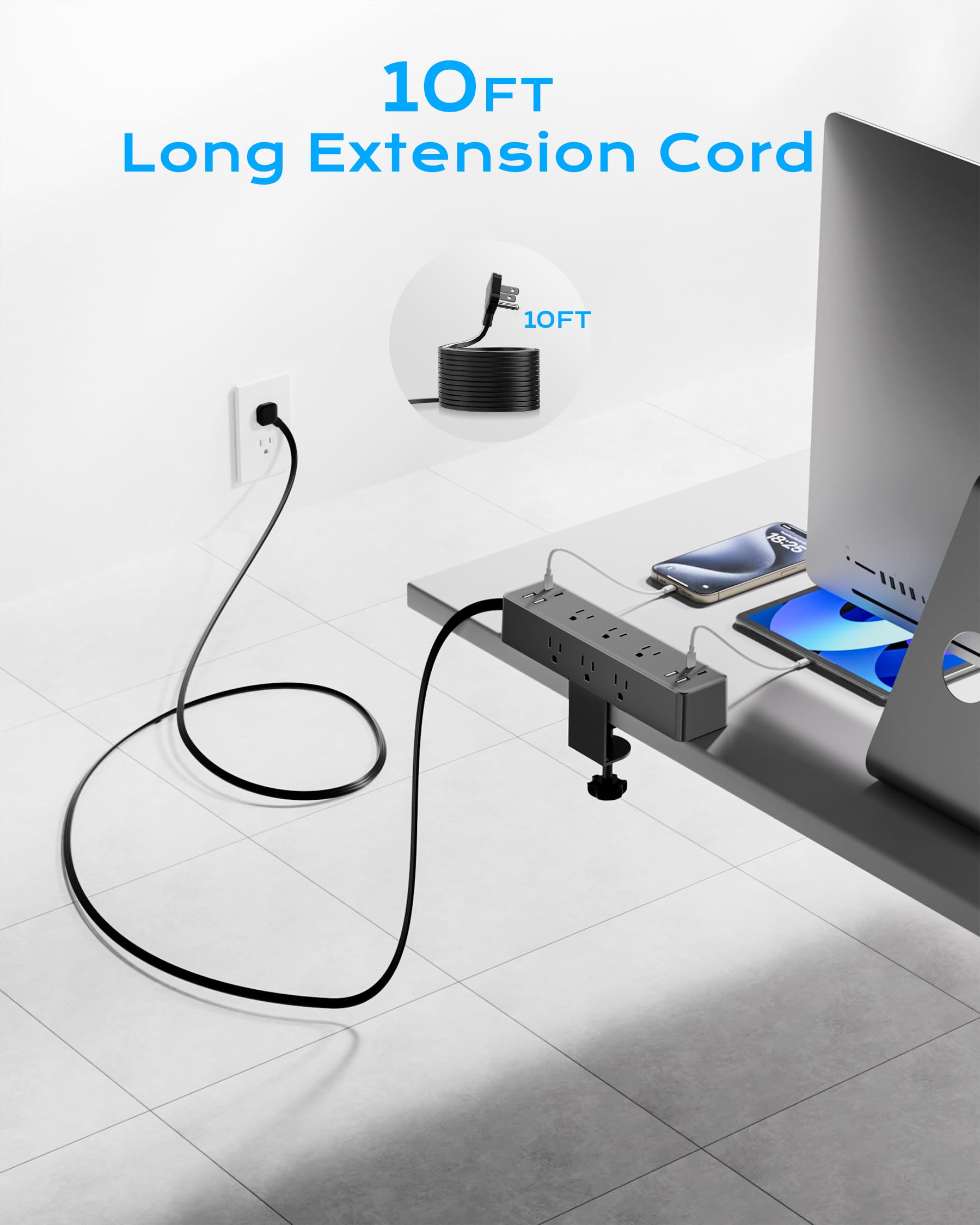 Acozvin Desk Clamp Power Strip 10FT, 24W Total Charging Station