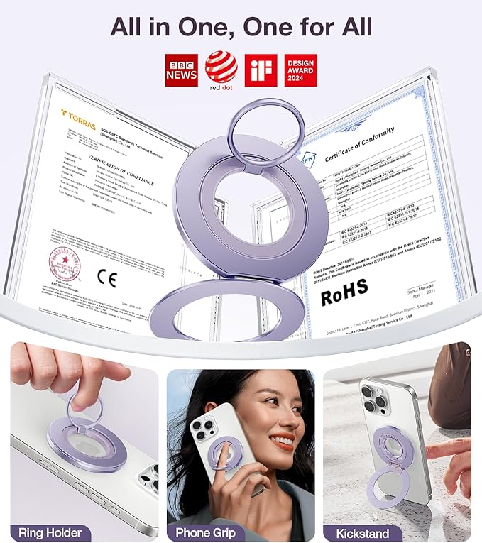 TORRAS 2025 Upgrade [Dual-Ring] Fit for MagSafe Phone Grip Ring Holder [Dual-Ring] Compatible with MagSafe Kickstand Magnetic for iPhone 16/15/14/13/12/11 Samsung, Google Accessories, Purple