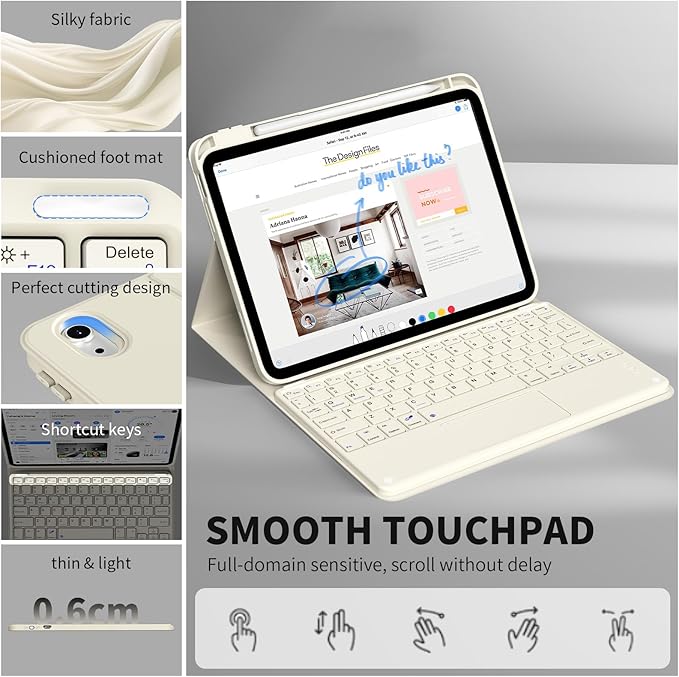 JKSML for iPad(A16) 11th/10th Generation Case with Keyboard (11/10.9 inch) 2025/2022, Wireless Detachable Bluetooth Cover with Trackpad, Flip Stand Case Thin with Pencil Holder, Cream White