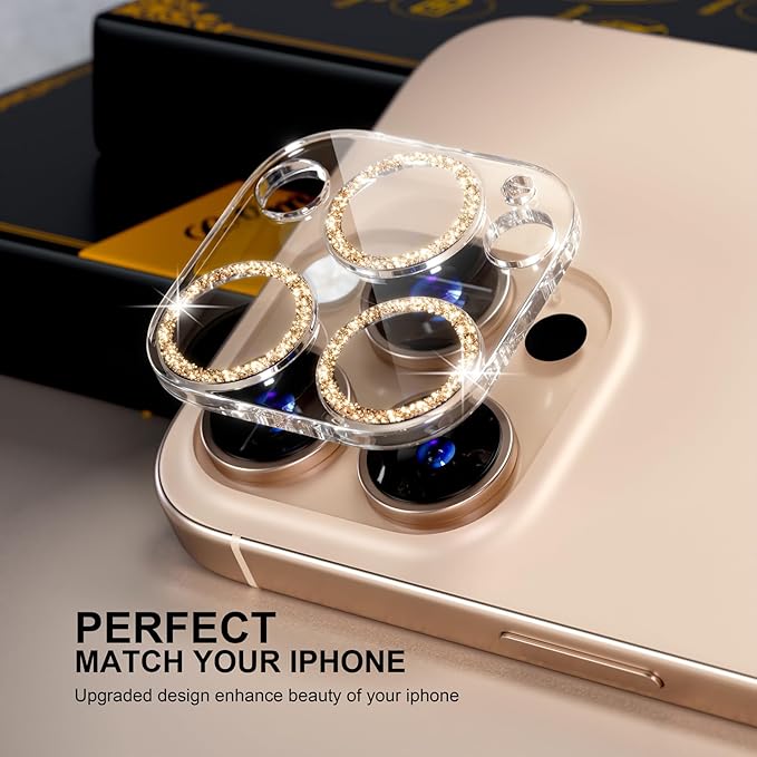 beuxece for 6 Pack iPhone 16 Pro/iPhone 16 Pro Max Camera Lens Protector [Drop Protection] [Case Friendly] [Easy Installation] 9H Tempered Glass Camera Screen Protector Cover, Glitter Gold